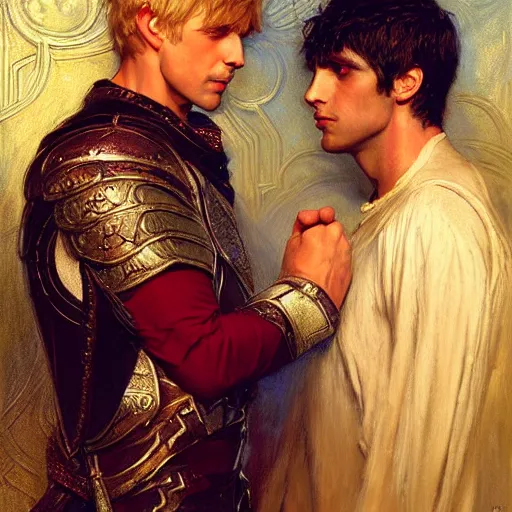 Image similar to attractive arthur pendragon with attractive male merlin the mage. they are in love. highly detailed painting by gaston bussiere, craig mullins, j. c. leyendecker