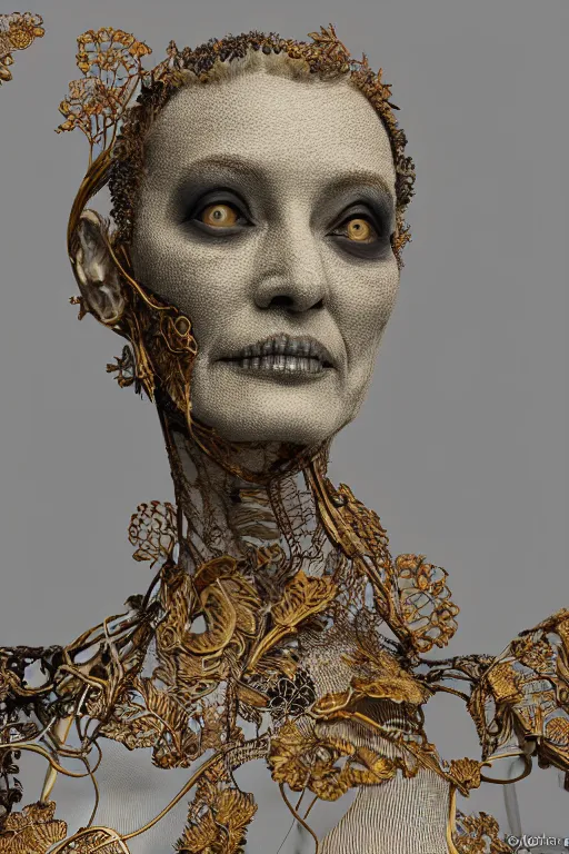 Prompt: complex 3d render ultra detailed of a beautiful dark porcelain old woman face, biomechanical cyborg, analog, 150 mm lens, beautiful natural soft rim light, big leaves and stems, roots, fine foliage lace, turquoise gold details, Alexander Mcqueen high fashion haute couture, art nouveau fashion embroidered, steampunk, intricate details, mesh wire, mandelbrot fractal, anatomical, facial muscles, cable wires, microchip, elegant, hyper realistic, dark background, ultra detailed, octane render, volumetric lighting, 8k post-production