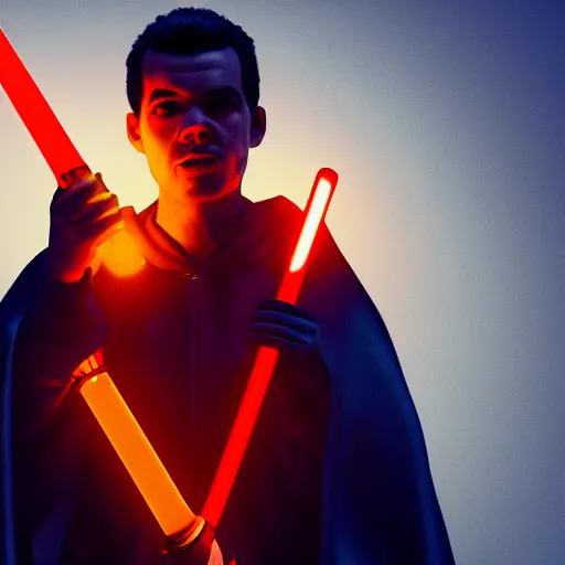 Prompt: rex orange county as a superhero holding an orange lightsaber, highly detailed, octane render, rendered in unreal engine 5, 8 k, hyperrealistic, trending on artstation