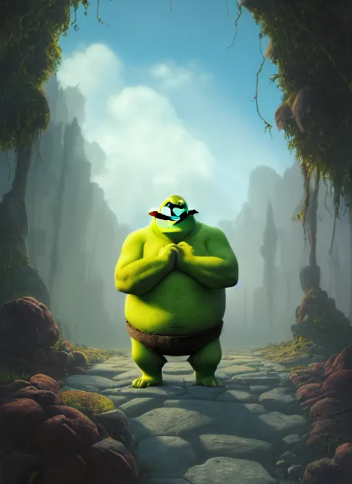 Image similar to shrek minion, stephen bliss, unreal engine, greg rutkowski, ilya kuvshinov, ross draws, hyung tae and frank frazetta, tom bagshaw, tom whalen, nicoletta ceccoli, mark ryden, earl norem, global illumination, god rays, detailed and intricate environment