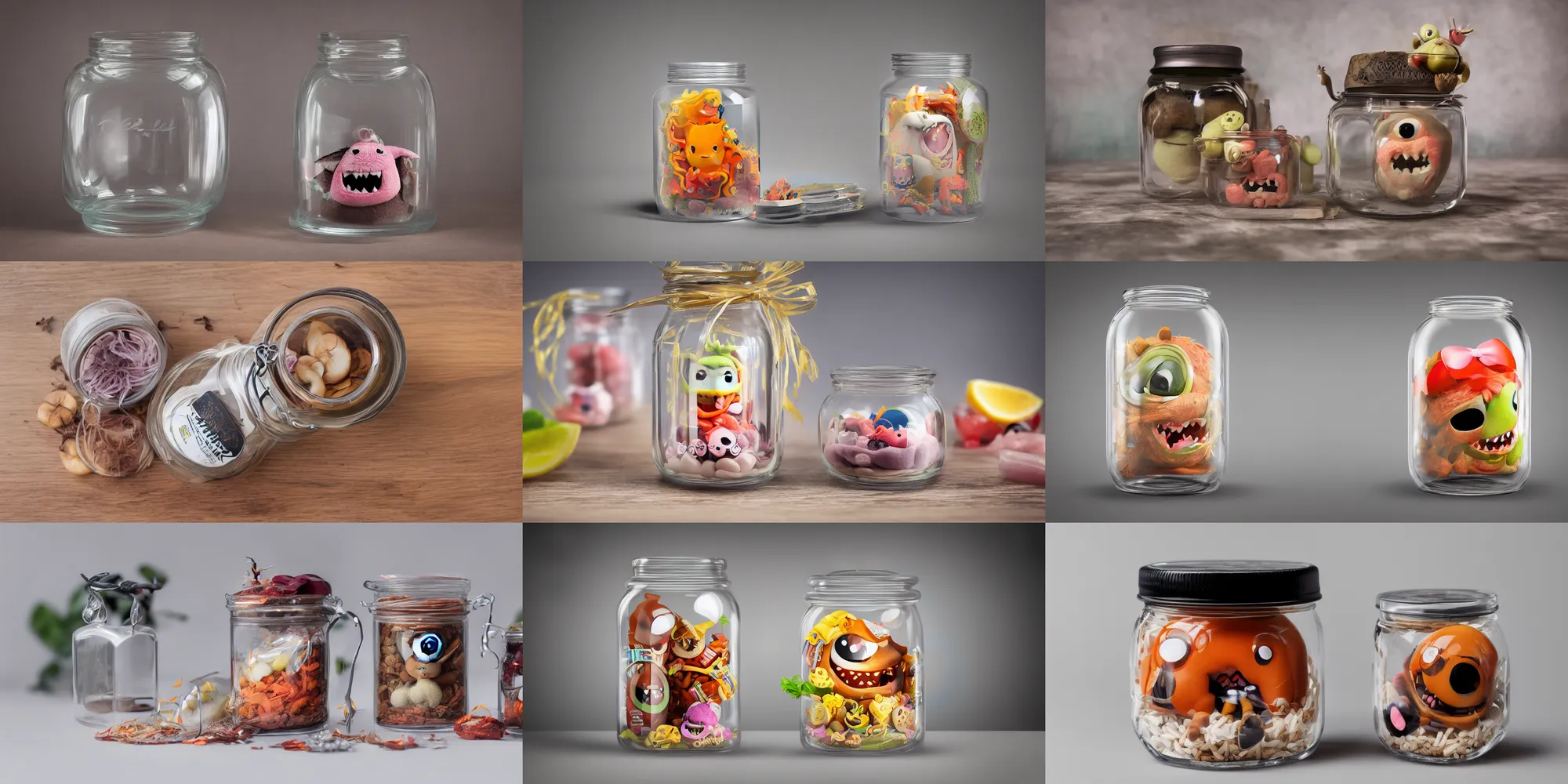 Prompt: A cute monster in a single transparent jar, product photography, realistic, 8K