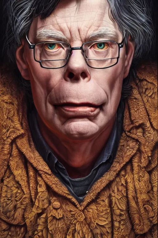 Image similar to highly detailed portrait of stephen king by alex grey, patrick woodroffe, mark ryden created by gustave dore and greg rutkowski, high detailed, smooth draw, synthwave neon retro, intricate, realistic proportions, dramatic lighting, trending on artstation