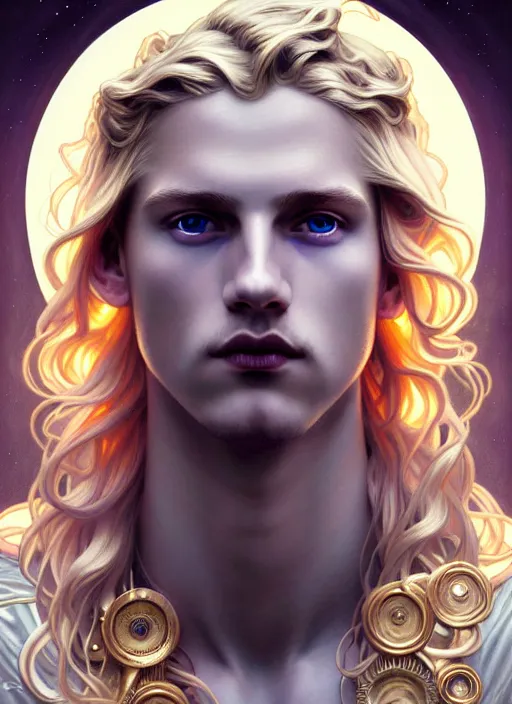 Image similar to portrait of smirking young god apollo, wavy blond hair, bright halo, glowing eyes, volumetric lights, platinum scheme, art nouveau botanicals, gothic, intricate, highly detailed, digital painting, artstation, concept art, smooth, sharp focus, symmetric face, illustration, steampunk, art by artgerm and greg rutkowski and alphonse mucha