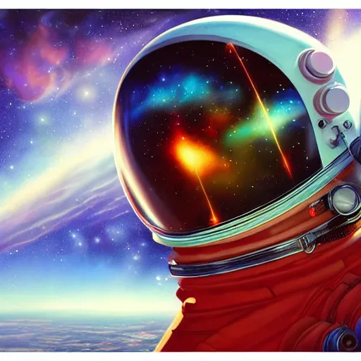 Prompt: cosmic skies in the reflection on an astronaut suit helmet. Vivid colors, soft lighting, atmospheric, cinematic, moody, in the style of Ilya Kuvshinov and Range Murata, Krenz Cushart, rule of thirds, oil on canvas, 8k.