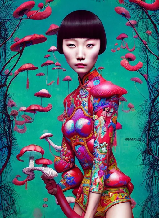 Image similar to pretty chinese model with hallucination mushroom : : by martine johanna and simon stalenhag and chie yoshii and casey weldon and wlop : : ornate, dynamic, particulate, rich colors, intricate, elegant, highly detailed, centered, vogue, harper's bazaar art, fashion magazine, smooth, sharp focus, octane render, 8 k