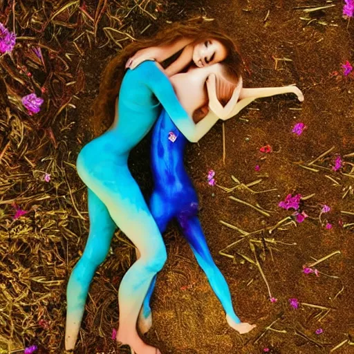 Prompt: flume and former cover art future bassgirl unwrapped statue bust curls of hair petite lush body act photography model body art futuristic two girls hug bush pleasure material style of Jonathan Zawada Thisset colours down half