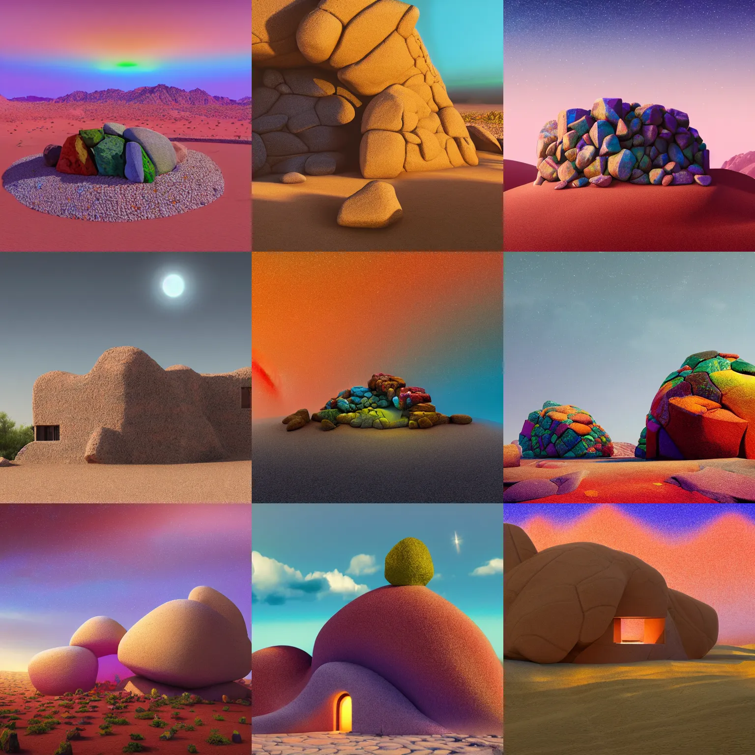 Prompt: beautiful rocky house made of multicolored stones in a desert, architectural render, futuresynth, chillwave, by Gabriel Dawe, by Skottie Young, by Jessica Rossier, vegetal architecture, blender 3D, by moebius, night, (mist), lights, junglepunk, trending on artstation