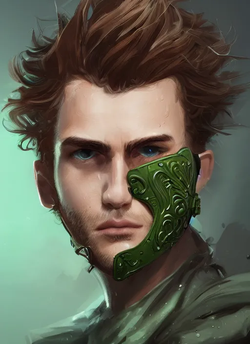 Prompt: a highly detailed illustration of young thick wavy messy haired guy wearing mechanical green face mask and brown noir coat, clean shaven, dramatic bored expression, intricate, elegant, highly detailed, centered, digital painting, artstation, concept art, smooth, sharp focus, league of legends concept art, wlop