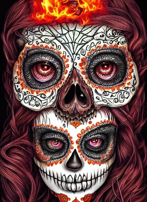 Image similar to portrait of a sugar skull, flaming eyes, intricate, highly detailed, smooth, digital illustration, the dark and quirky art of scott radke