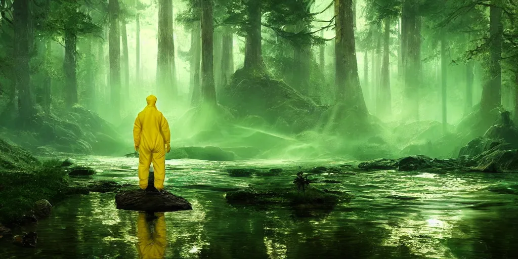 Image similar to a man in a yellow hazmat suit pours glowing green liquid into a magical river and stands in a detailed forest, painting, concept - art!!, rendering, octane, redshift, cinematic composition, volumetric lighting