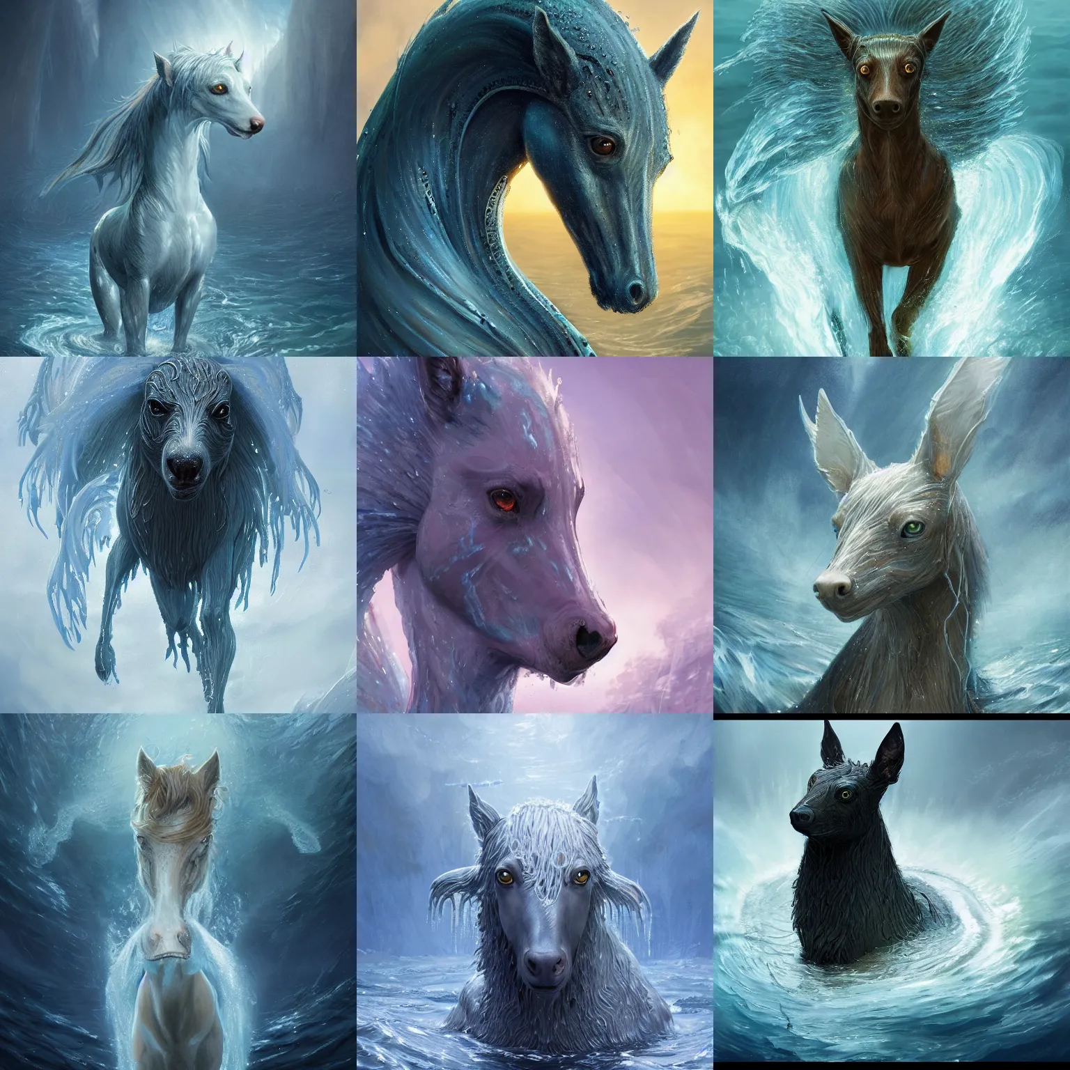 Prompt: a kelpie spirit made of water, shape of a poney, transparent, hyperalism, digital painting, artstation, concept art, smooth, 8 k frostbite 3 engine, ultra detailed, art by artgerm and greg rutkowski and magali villeneuve