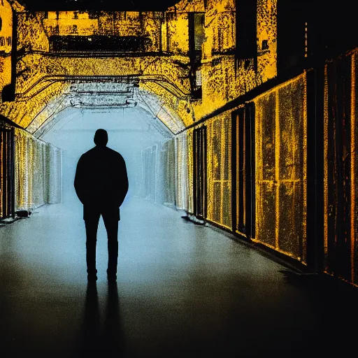 Image similar to man in a luminous yellow [ liminal space ]!!, trending on unsplash, 4 k photorealism, horror - esque, eerie atmosphere, dark - bright lighting