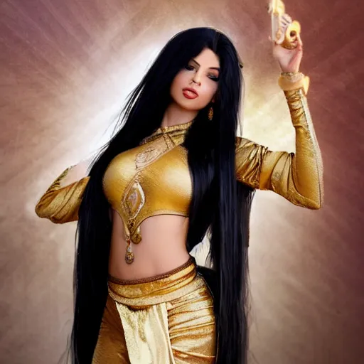 Prompt: aesthetic!!!!!!!!! Female genie in Arabic clothing, olive skin, long black hair, frontal pose, gold tint, cinematic lighting, silk, fabric, full-length view, cinematic, hyper realism, 8k, depth of field, vibrant.