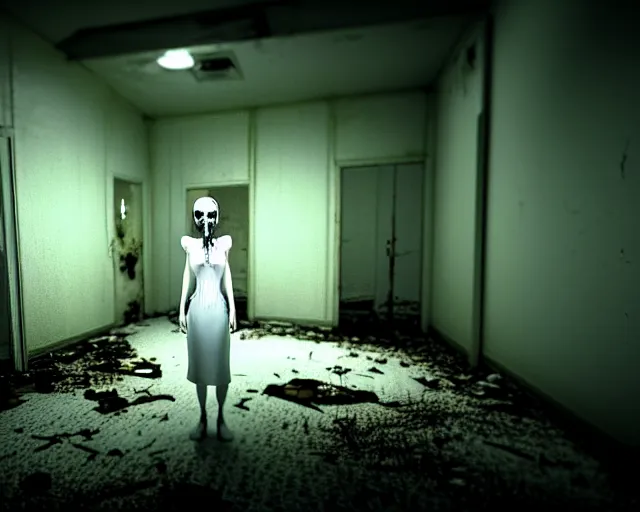 Image similar to creepy mangled woman wearing white dress standing in the backrooms, playable trailer, psychological horror, the eerie forlorn atmosphere of a place that's usually bustling with people but is now abandoned and quiet, buzzing fluorescent lights above the ceiling, unsettling images, liminal space, dark, created by hideo kojima