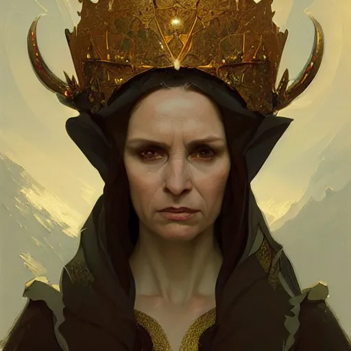 Image similar to Portrait of an angry elf queen ,highly detailed, digital painting, artstation, concept art, sharp focus, illustration, art by greg rutkowski and alphonse mucha