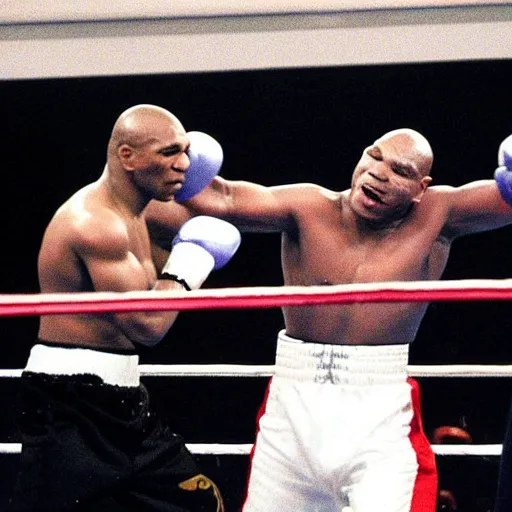 Prompt: Mike Tyson in the boxing Ring with popstar Michael Jackson at Madison square garden 1990