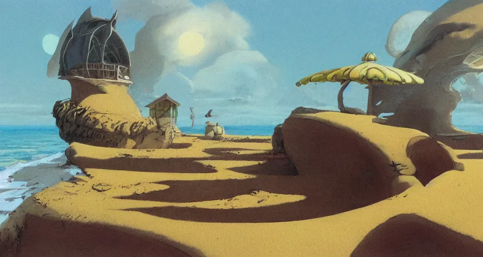 Prompt: a single seashell house in a deserted beach, still life, concept art by roger dean and john harris, atmospheric