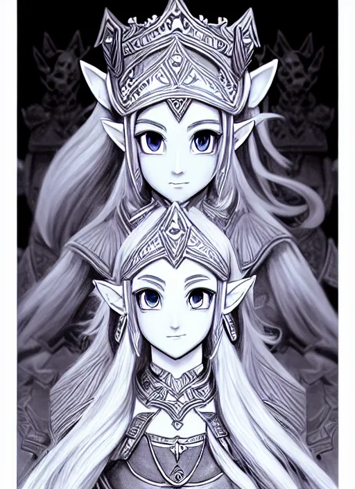 Image similar to princess zelda in dwarf fortress, beautiful shadowing, 3 d shadowing, reflective surfaces, illustrated completely, 8 k beautifully detailed pencil illustration, extremely hyper - detailed pencil illustration, intricate, epic composition, very very kawaii, masterpiece, bold complimentary colors. stunning masterfully illustrated by artgerm and range murata.