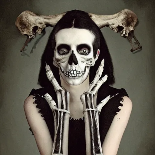 Image similar to scrawny teenage girl with short black hair and black irises. black and white skull facepaint. pointed face. black robes, corset of rib bones, bone ear piercings. femme-androgynous. surrounded by skeletons. skulls in hands, black white and light blue color scheme, baroque, by Michelangelo, high detail