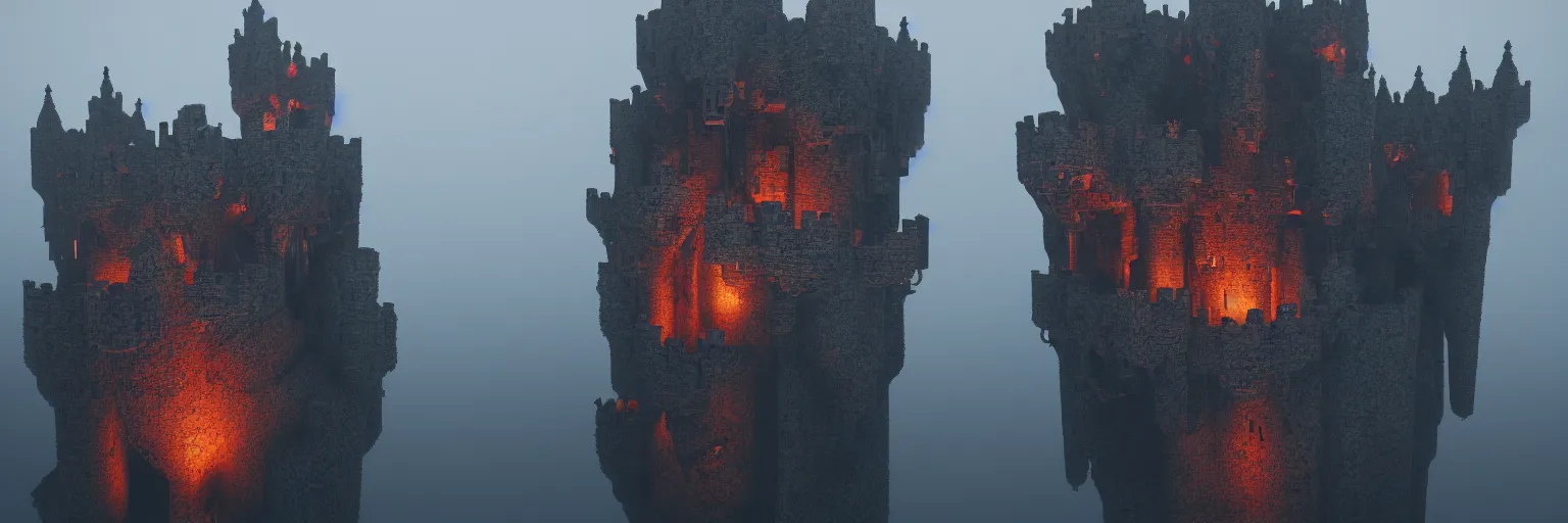 Prompt: floating castle hanging by chains in the air, inside a gorge, below only cloud dark void, 8k resolution, octane,