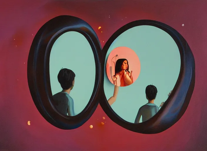 Image similar to a painting of a person looking in a mirror, a surrealist painting by Taro Okamoto, behance contest winner, pop surrealism, surrealist, cosmic horror, biomorphic