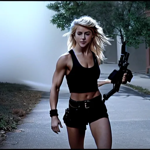 Prompt: cinematic action scene with julianne hough as a commando in an urban battle, black bra, black boy shorts, black boots, back pack, ground mist, still frame