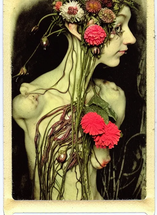 Image similar to beautiful and detailed rotten woman made of plants and many types of stylized flowers like carnation, chrysanthemum, roses and tulips, intricate, surreal, john constable, guy denning, gustave courbet, caravaggio, romero ressendi 1 9 1 0 polaroid photo