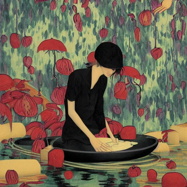 Prompt: tall female emo artist holding berry pancakes in her flooded apartment, pomegranates, octopus, water gushing from ceiling, painting of flood waters inside an artist's apartment, a river flooding indoors, mushrooms, ikebana, zen, rapids, waterfall, black swans, canoe, berries, acrylic on canvas, surrealist, by magritte and monet