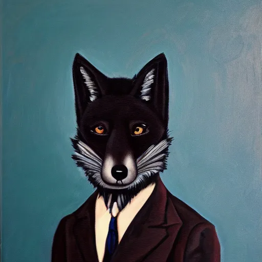 Image similar to portrait of a male anthro anthropomorphic black fox furry fursona with hands on eyes, wearing a suit, 1 9 7 0 s oil on canvas painting, by famous artist jylon denja