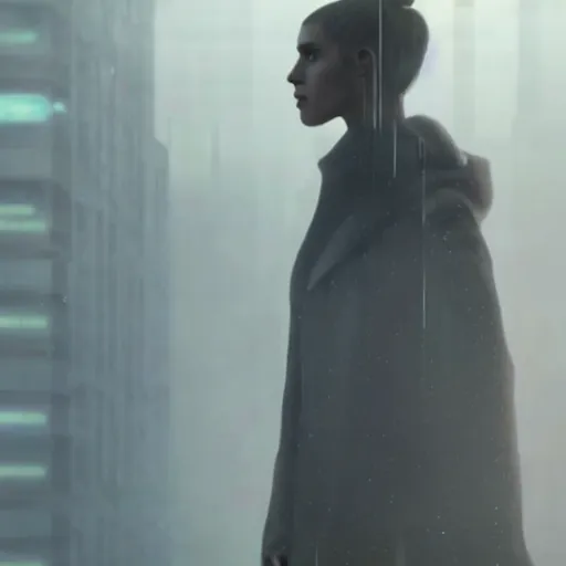 Prompt: joi from blade runner 2 0 4 9 as a giant translucent hologram, leaning forward to look at a regular sized person on a bridge, neo noire