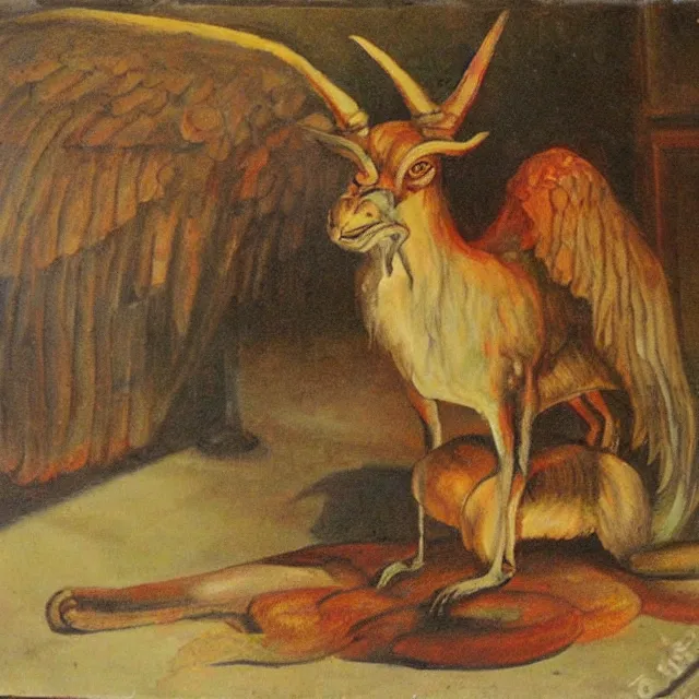 Image similar to baphomet sitting on the floor, vintage, oil painting