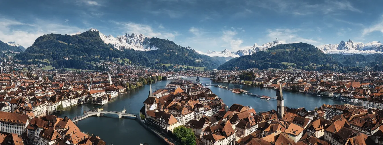 Image similar to Photo of Zurich, looking down the Limmat at the lake and the alps, Hardturm, Grossmünster, wide angle, volumetric light, hyperdetailed, mountain water, artstation, cgsociety, 8k