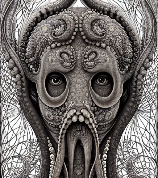 Image similar to detailed realistic beautiful octopus goddess face portrait by jean delville, gustave dore, iris van herpen and marco mazzoni, art forms of nature by ernst haeckel, art nouveau, symbolist, visionary, gothic, neo - gothic, pre - raphaelite, fractal lace, intricate alien botanicals, ai biodiversity, surreality, hyperdetailed ultrasharp octane render