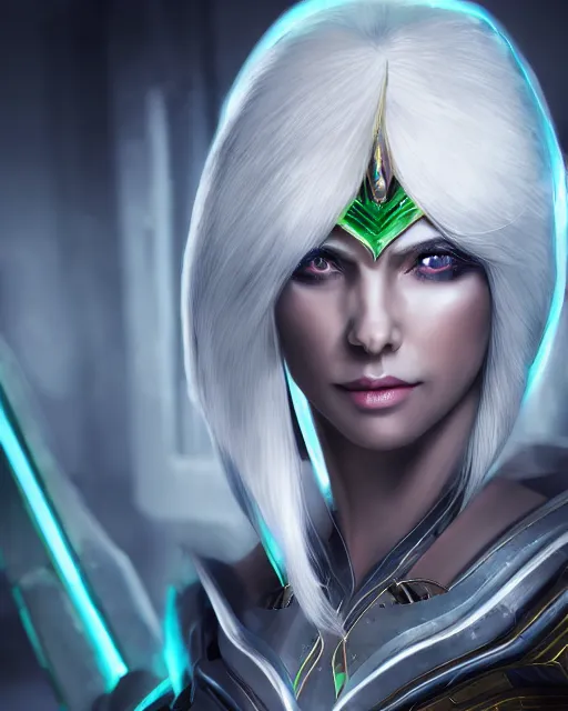 Image similar to perfect white haired attractive egyptian goddess, warframe armor, beautiful, symmetric, dreamy, half asian, pretty face, green eyes, charlize theron, detailed, scifi platform, laboratory, experiment, 4 k, ultra realistic, epic lighting, android body, illuminated, cinematic, masterpiece, art by akihito tsukushi, voidstar