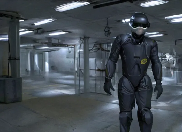 Prompt: film still of Brian Cranston as Gordan Freeman in an underground lab facility wearing a black HEV suit in the Half Life Movie, 4k