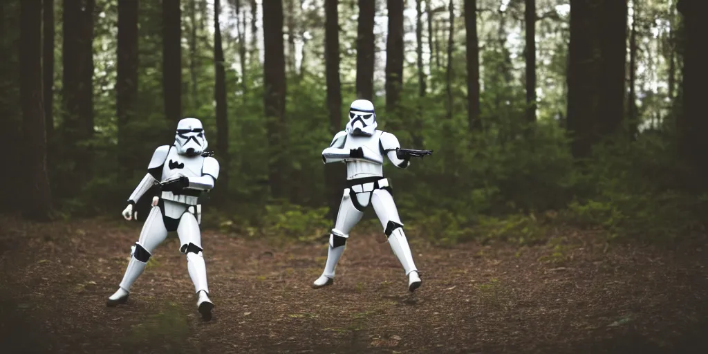 Prompt: photo of a clone trooper dancing in the wilderness, cinematic, anamorphic bokeh, 4 0 mm f / 2. 8, scenic