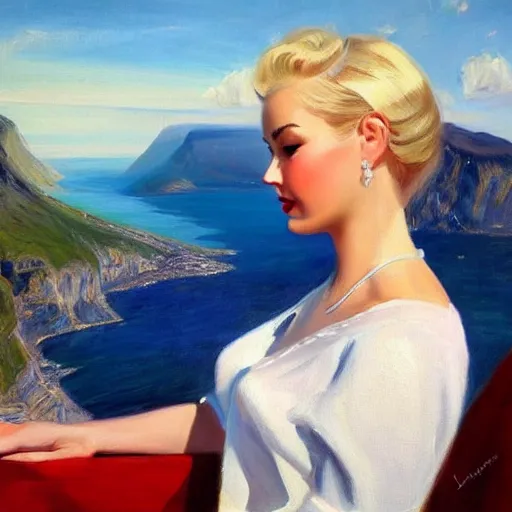 Image similar to 1950s beautiful!!! blonde looking over a Norwegian fjord, painting by !Vladimir Volegov!