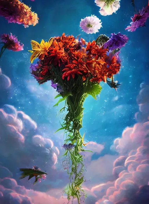 Image similar to An epic fantastic realism comic book style painting of the most beautiful flowers launched into space, bouquets, fisheye lens, unreal 5, DAZ, hyperrealistic, octane render, dynamic lighting