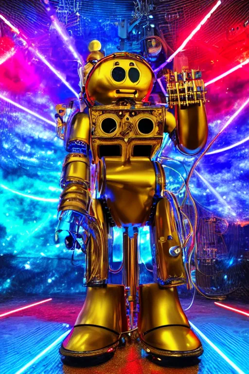 Image similar to portrait photo of a giant huge golden and blue metal humanoid steampunk robot guitar player with multicolored big gears and tubes, a red electric guitar, eyes are glowing red lightbulbs, shiny crisp finish, 3 d render, 8 k, insaneley detailed, fluorescent colors, background is multicolored lasershow