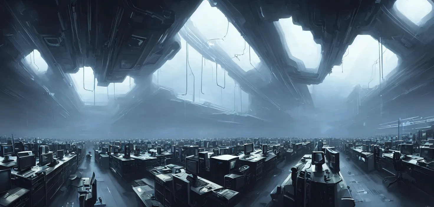 Image similar to computers, wired in, in a highly detailed server room with computers everywhere, cinematic view, epic sky, detailed, concept art, low angle, high detail, warm lighting, volumetric, godrays, vivid, beautiful, trending on artstation, by jordan grimmer, huge scene, art greg rutkowski