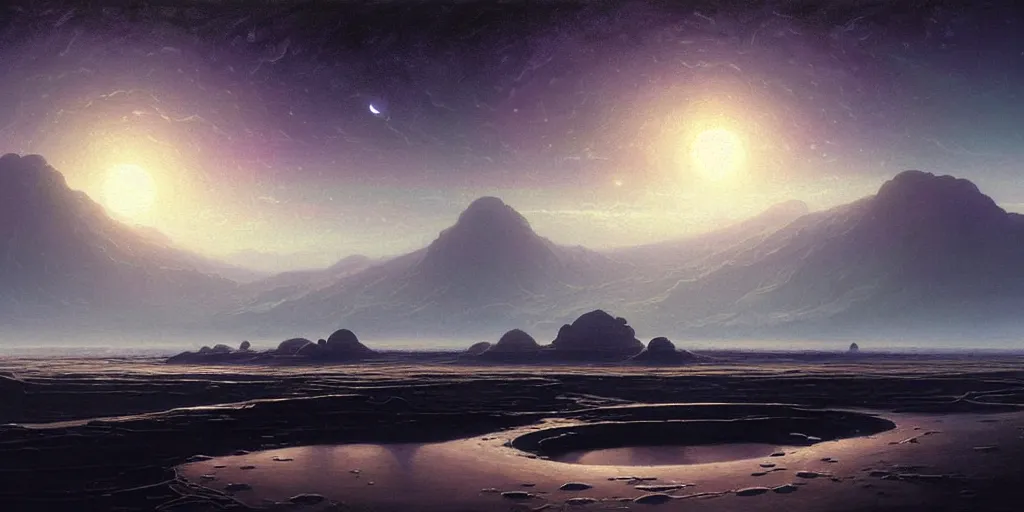 Prompt: An ethereal and haunting painting of an alien planet with black sand flats, by Sparth and Thomas kinkade, illustration, trending on artstation