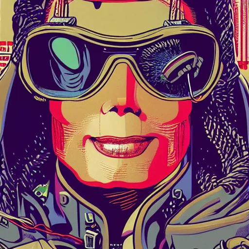 Prompt: Illustrated by Shepard Fairey and Moebius | Cyberpunk Michael Jackson with VR helmet, surrounded by cables