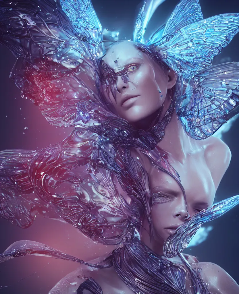 Prompt: close-up macro portrait of the face of a fashion girl, epic angle and pose, symmetrical artwork, 3d with depth of field, blurred background, cybernetic female face skull butterfly wings, translucent, nautilus, energy flows of water and fire. a highly detailed epic cinematic concept art CG render. made in Maya, Blender and Photoshop, octane render, excellent composition, cinematic dystopian brutalist atmosphere, dynamic dramatic cinematic lighting, aesthetic, very inspirational, arthouse, by Greg Rutkowski, Ilya Kuvshinov, WLOP, Stanley Artgerm Lau, Ruan Jia and Fenghua Zhong