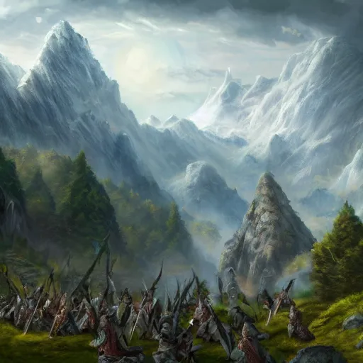 Image similar to nazguls attacking rivendell, smooth, detailed terrain, oil painting, trending artstation, concept art, fantasy matte painting