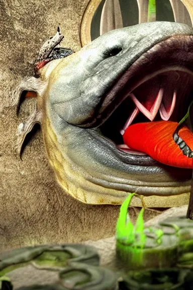 Image similar to very very intricate photorealistic photo of a piranha plant in an episode of game of thrones, photo is in focus with detailed atmospheric lighting, award - winning details