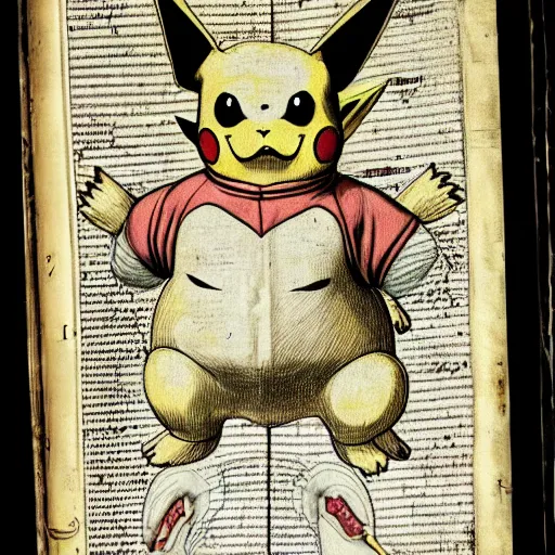 Prompt: anatomical drawing of Pikachu, with organs labeled, 16th century medical textbook