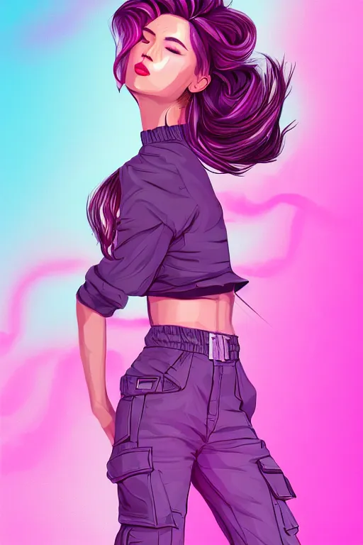 Image similar to a award winning half body portrait of a beautiful woman in a croptop and cargo pants with ombre purple pink teal hairstyle with head in motion and hair flying by wlop, outrun, vaporware, shaded flat illustration, digital art, trending on artstation, highly detailed, fine detail, intricate