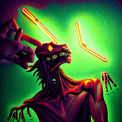 Prompt: Tim Jacobus art, Wendigo in suburbs, outside, upward angle, neon colors, spooky lighting, clouds, artgerm, painting, Goosebumps, realistic, horror