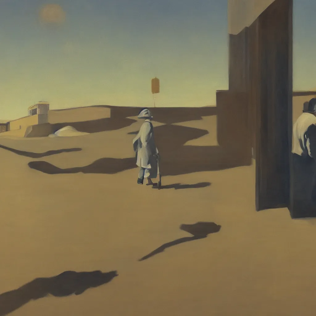Image similar to a painting of a man walking down a lonely street on another planet and the sky is the universe, the head of the man is a skull, he is wearing a trenchcoat, in the style of edward hopper, 4 k,