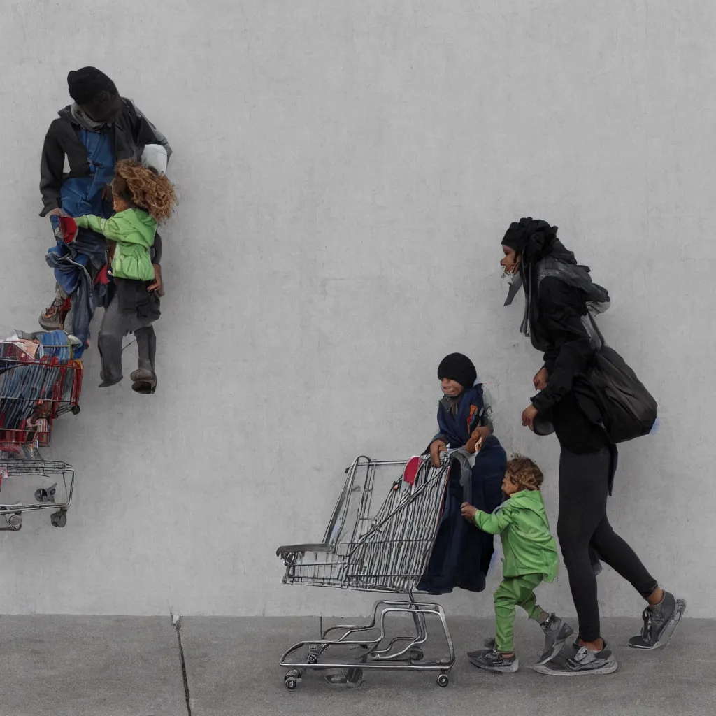 Image similar to homeless mother pushing a shopping cart with a child riding in it, in front of a blank wall, hyperrealistic